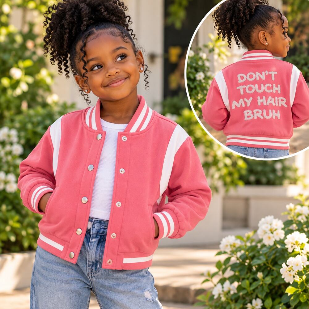 SHEIN Girls Pink Varsity Jacket Size 5Y Don’t Touch My Hair Bruh Y2K Streetwear